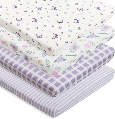 FIGEPO 4 Pack Butterfly Baby Crib Sheets for Baby Girls Purple Crib Fitted