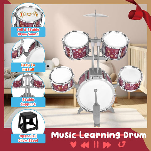 Set 3-5 4-6 5-7 Kids Drum for Toddlers Musical Jazz Drum with Stool Toys for Boys Girls Birthday, Red