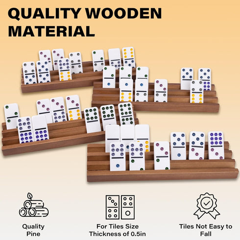 Set 4 WodGod Wooden Domino Racks of Pcs, Wood Domino Tiles Trays, Domino Holders Organizer for Mexican Train and Other