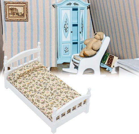 Wooden Doll House Bed, 1:12 Scale Miniature Bedroom Furniture Set with Mattress and Pillows