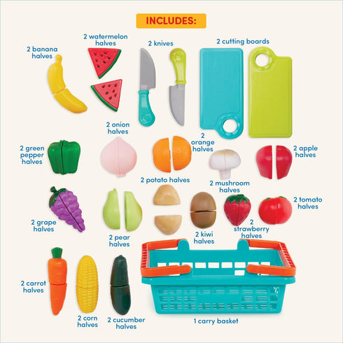 Battat Play Food for Toddlers, Farmers Market Basket and Chopping Board, Toy Food for Kids (37 Pcs)