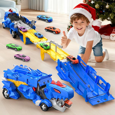 TIAONIAO 3 4 5 Dinosaur Storage Truck Toy Swallowing Metal Car Transform into Stomping with Eject Cars Race Track
