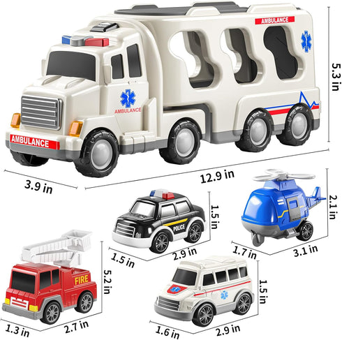 5 Pack 3 4 5 6 3-9 TEMI Ambulance Vehicle Toddler Truck Toys for Year Old Boys, Friction Powered Cars with Toy