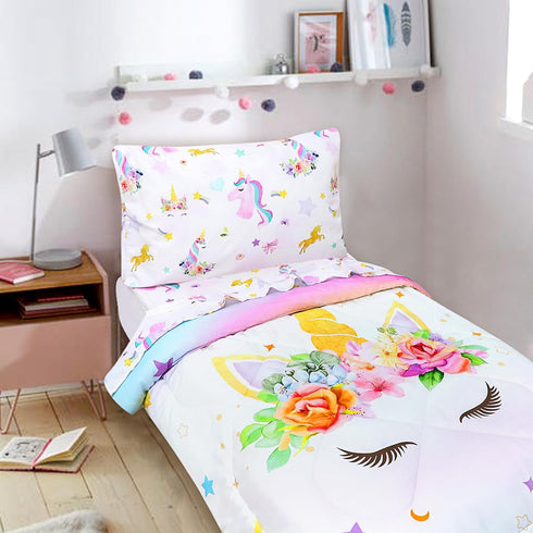 Sets Set 4 Set Toddler Bedding for Girls, Unicorn Toddler Crib Bedding Piece Pink Floral Toddler Comforter Includes