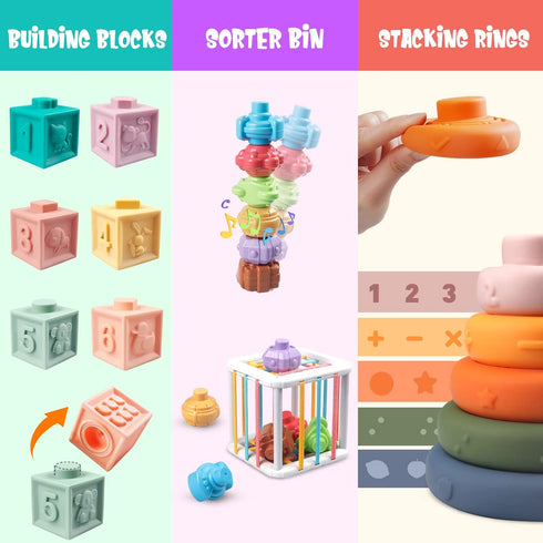6 1 6 12 Plunack in Baby Toys to Months, Montessori Toy Infant Teething Babies Toy Stacking Blocks Rings Pull String