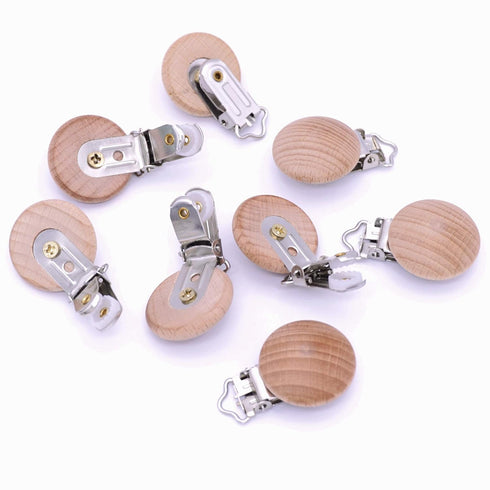 10Pcs 30mm (1.18") Natural Wood Pacifier Holder Round Beech Metal Teether Wooden Beads Suspender Clips DIY Accessories