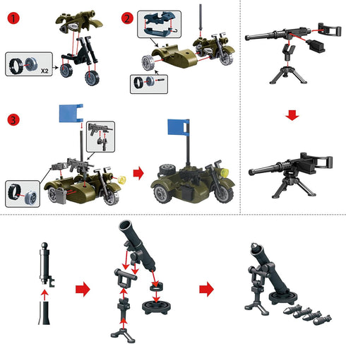 WW2 Pack 282 Set 6 Feleph Military Vehicles Weapons Pieces US Army Building Block Toy WWII Car Tricycle Gear Helmets