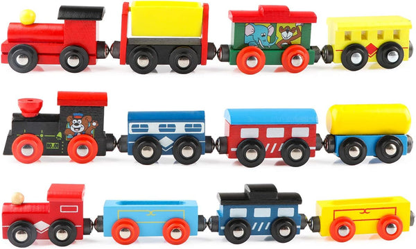 Wondertoys Wooden Train Cars - 12 PCS Magnetic Train Set with 3 Engines and Storage Bag for Toddlers