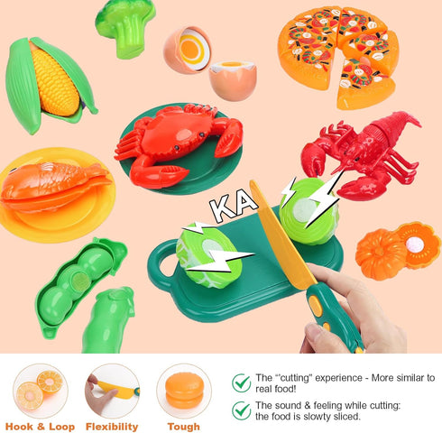 80PCS Sets Set Cutting Play Food for Kids Kitchen, Fake Food Toys with Storage Bag, Toy Food Pretend