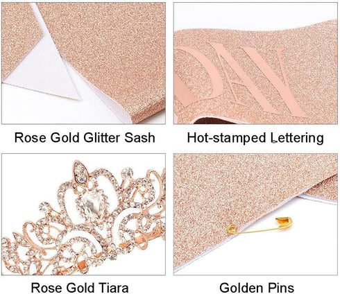 COCIDE Birthday Sash & Tiara Set, Rose Gold Crowns and Tiaras for Women, Rhinestone Queen Headband, Glitter Crystal