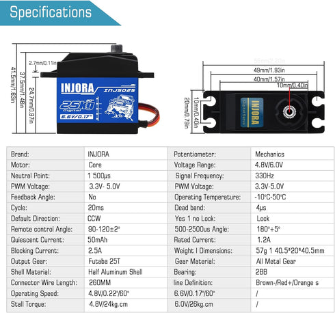 INJORA RC Servo 25KG Digital Servo, High Torque RC Parts for 1:10 RC Crawler VP VS4-10 SCX10 Pro SCX10 TRX4 D90