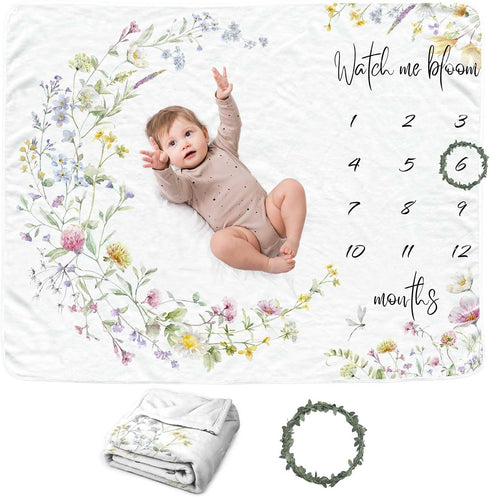 Wildflower Baby Monthly Blanket for Girls, Boho Floral Moon Nursery Decor, Babys