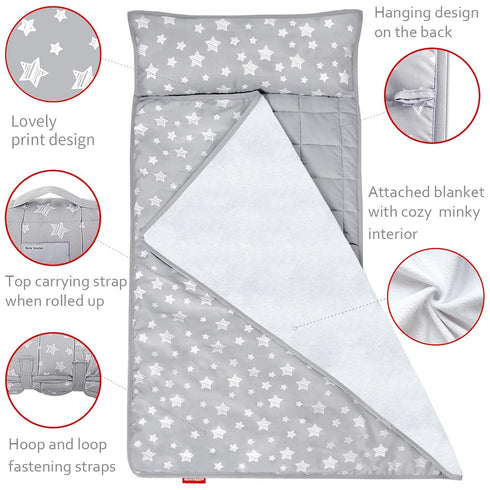 Moonsea Toddler Nap Mat with Pillow & Fleece Minky Blanket - Lightweight Sleeping Bag for Kids