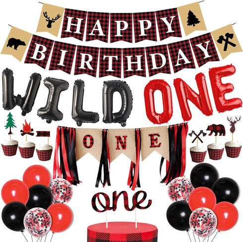 Sursurprise Lumberjack First Birthday Party Decoration, Buffalo Plaid Happy 1st Birthday Banner for Baby Girl Boy