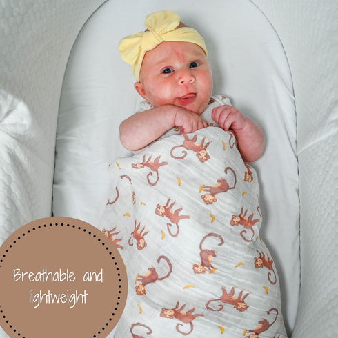 100% Muslin Cotton Swaddle Blanket, Gender Neutral Newborn Nursery Essentials for Girls and Boys, Monkey Print