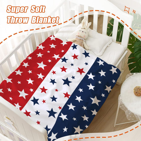 YeeJu Patriotic Throw Blanket for Baby, 4th of July Memorial Day Soft Fleece Blanket, Red White Blue Star, 30x40