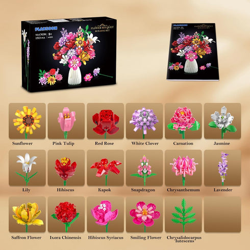 Flower Bouquet Building Set, 1488 PCS Botanical Collection, 18 Flowers Models Birthday Gift for Adults & Kids