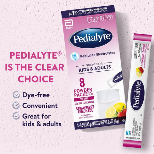 8 Packets Pedialyte Electrolyte Powder, Hydration Drink for Kids & Adults, Strawberry Lemonade, Powder