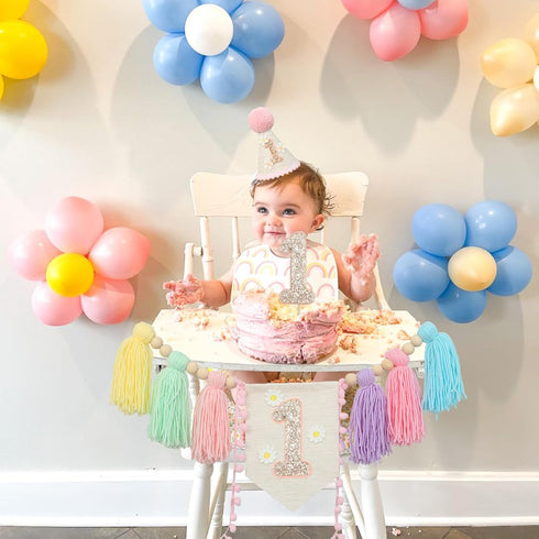 Daisy1st 1st JUIIZAY Baby First Birthday Party Decorations Macaron High Chair Banner Crown Cake Topper Birthday