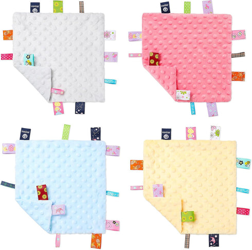4 Pieces Baby Tag Security Blanket, Soothing Plush Comforter for 0-12 Months Babies, 9.5 x 9.5 Inch