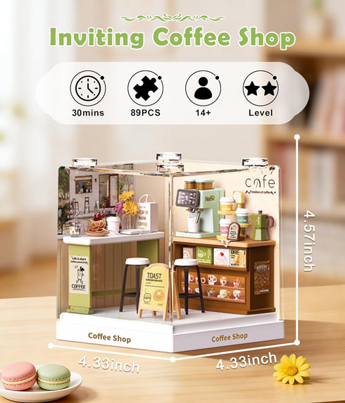 Set Mini Cafe Shop Dollhouse Kit - Charming Coffee Shop Building for Adults, Relaxing DIY Crafts & Miniature Gardening