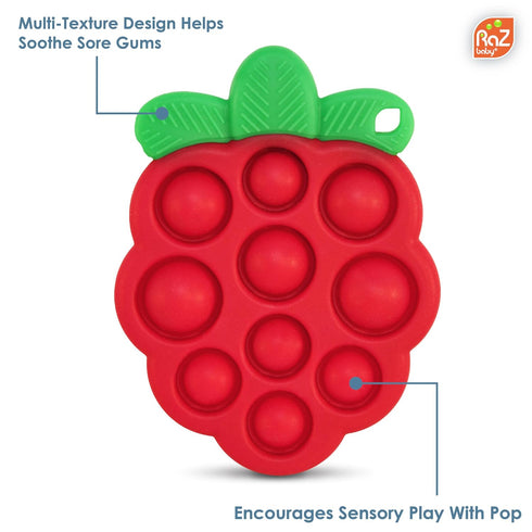 RaZbaby RaZberry Pop Teether for Babies 3 Months & Up - Natural Raspberry Shaped Designed with Soft BPA Free Silicone Poppers - Textured for Sensory Stimulation & Development