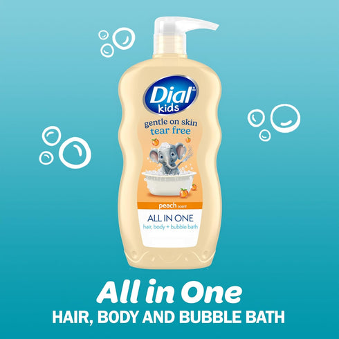 3-in-1 24 oz (Pack 4) Dial Kids Body + Hair + Bubble Bath, Peach, fl