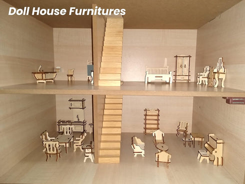 BOHS 34-Piece Dollhouse Furniture Set - Laser Cut Wooden 3D Puzzles - Miniature Doll House DIY Models and Accessories by BOHS