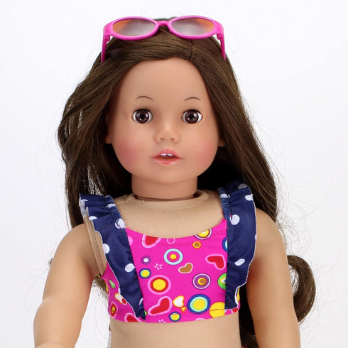 Sophia's 18" Doll 3 pc. Hot Pink Print Swimsuit with Navy Ruffle & Sunglasses