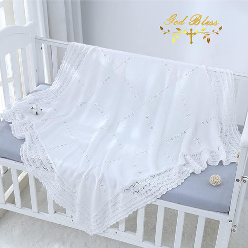 47x47 Booulfi Baby Blanket White Receiving Blanket Baptism Christening Towel for Newborn Girls Boys, White Cotton Knit