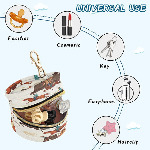 Portable Pacifier Holder with Clip - Round Baby Pouch in Beige Western Cowboy Design