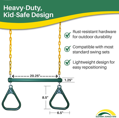 20" Pinch-Free 43" Eastern Jungle Gym Heavy-Duty Ring Trapeze Bar Combo, Large Trapeze Swing Bar with Triangular