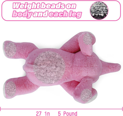 5 lbs 27" Pink Weighted Elephant Stuffed Animal, Giant Plush Pillow Huggable Plushie for Kids and Adults