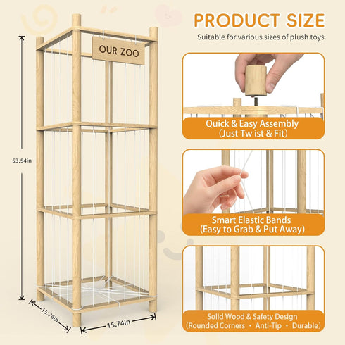 POOSIDE 53.5" 40 Stuffed Animal Storage Organizer, Solid Wood Zoo Toy Holder for Kids Bedroom, Nursery & Playroom