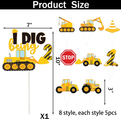LetDec 41 2nd 2nd Pcs Construction Birthday Cupcake Topper Dump Truck Two Years Old Cake Topper Excavator Tractor Two