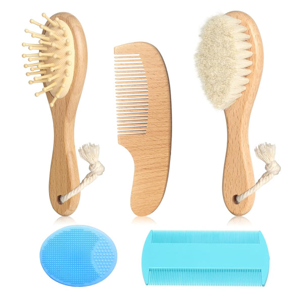 Wooden Natural Goat Bristle Brush and Cradle Cap Comb Set - 5