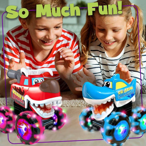 stargo 2 Pack Monster Truck Toy - Motion Activated Pull Back Light-Up Cars for Toddlers - Monster Shark & Bull