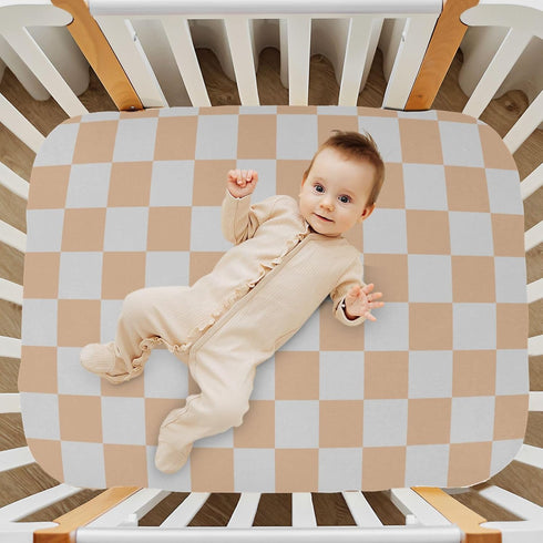 Pigsaly 27x39 Inch Crib Sheets Light Orange Gray Checkered Baby Sheet for Standard Crib Mattress Boys Girls Toddler Bed