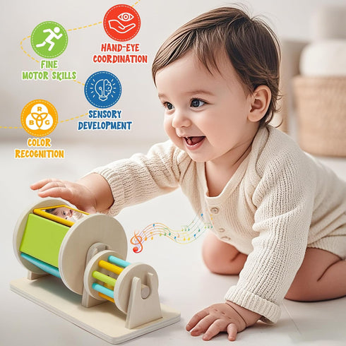 6-12 6-12 1 Toyssa Wooden Montessori Toys for Babies months with Rainbow Color and Mirror Spinning Drum/Baby Shape