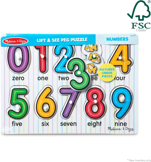 Melissa & Doug Wooden Peg Puzzle - Lift & See Numbers, 10 Pieces, FSC Certified