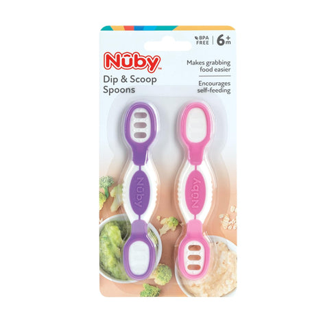 Nuby Dip & Scoop Spoons - 2-Pack Baby Led Weaning Spoons for Babies 6+ Months (Purple and Pink)