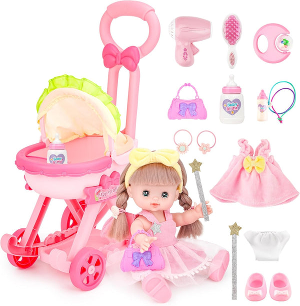 deAO Baby Doll Stroller with 12 Inch Doll, Foldable Stroller Role Play Set with 16 PCS Accessories for Kids