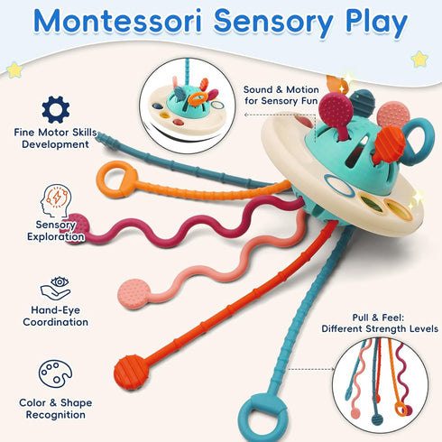Fyxttalor 12M+, Set Baby Toy for Montessori Sensory Toy Play for Toddlers, UFO Pull String Toy in Stollers Educational