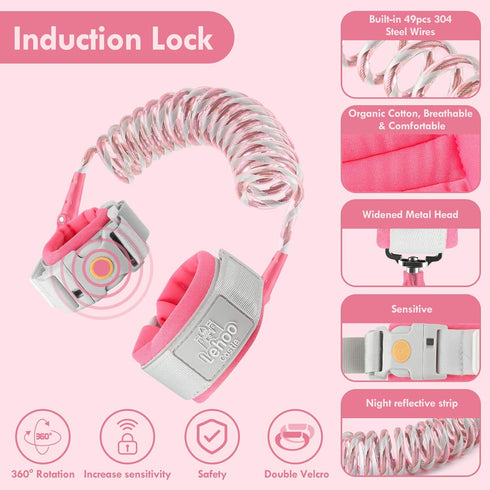 Lehoo Castle Anti Lost Wrist Link - Kid Harness with Induction Lock, Safety Leash for Toddlers, Pink