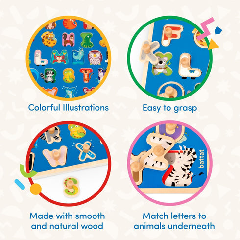 Battat Wooden Peg Puzzle, ABC Puzzle for Toddlers, Educational Wooden Toys for 2 Years +