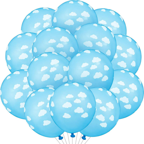 Gejoy 36 Pieces Blue Cloud Latex Balloons, 12 Inch Matte Light Blue and White Print Decoration for Baby Shower Birthday