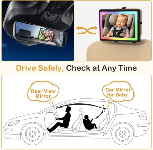 360 (2 Pack) Baby Car Mirror with Light - Remote Control, Adjustable, Shatter Resistant Car Seat Mirror - Clear Night