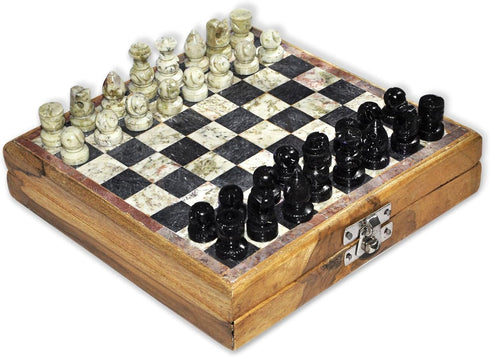 StonKraft 8" X 8" Chess Board with Wooden Base & Stone Inlaid Game Set