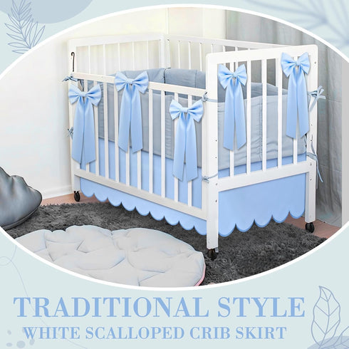 Hahafelt 6 28" 52" 14" 4 Blue Scalloped Crib Bed Skirt with Large Bow, x with Drop, Sided Soft Crib Skirt Dust Ruffle