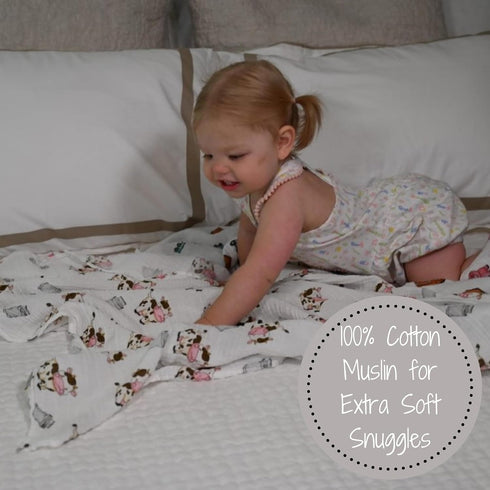 Swaddle Blanket | 100% Muslin Cotton | Gender Neutral Newborn and Baby Nursery Essentials, Registry | Cow Print